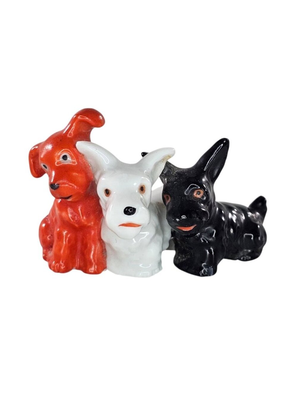 Ceramic Trio Orange White Black Scottish Terrier Scotty Dog Figurines Miniature